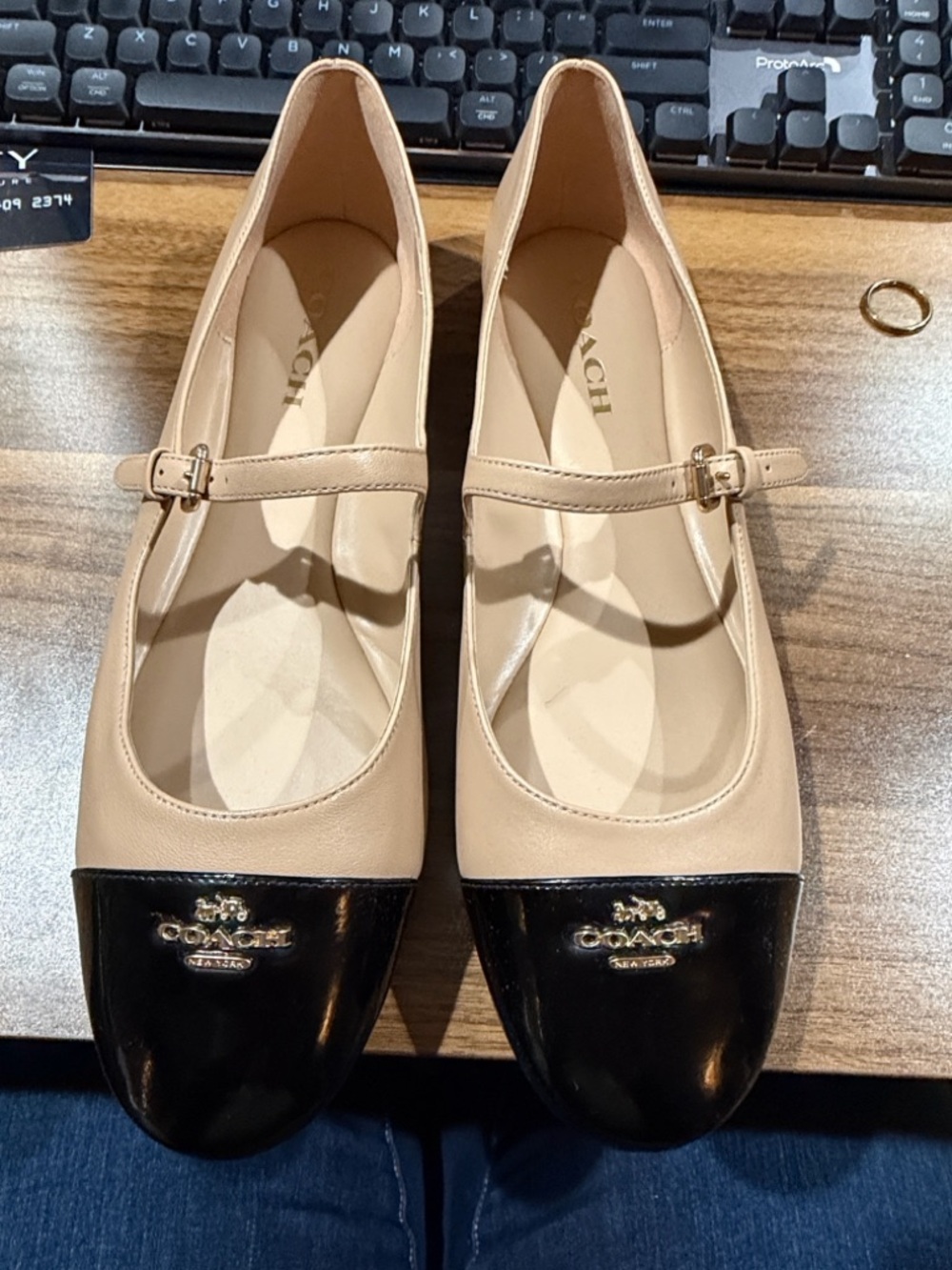 Coach Beige and Black Mary Jane Flats with Logo Cap Toe